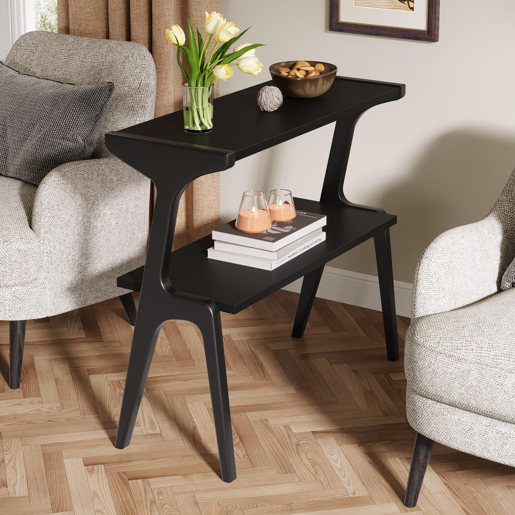 2-Tier Solid Wood Side Table, Modern Black End Table with Storage Shelves, Tall Slim Side Table for Couch with Unique