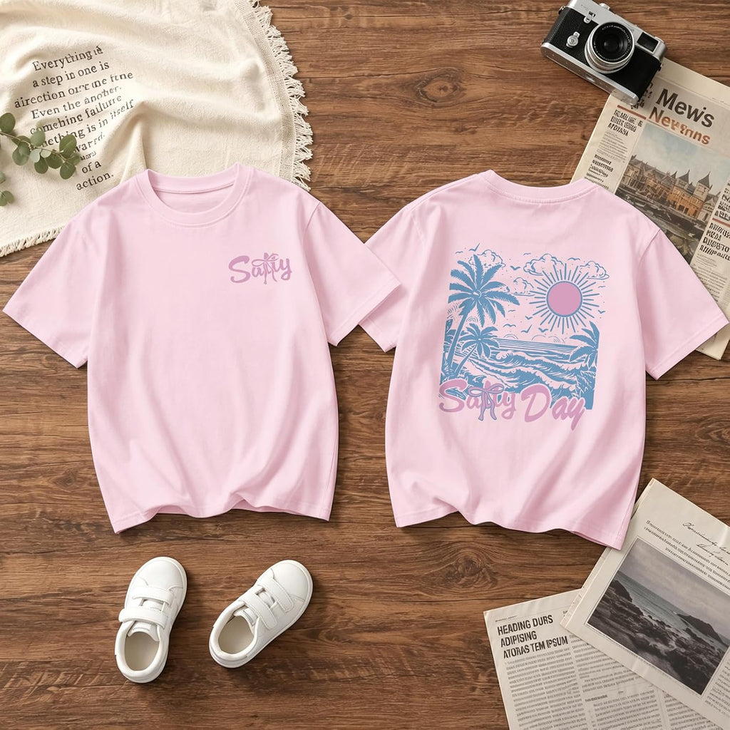 Girl's Hawaiian Graphic Tees Cute Preppy Shirts for Kids Salty Beach Printed Tshirt Casual Summer Tops