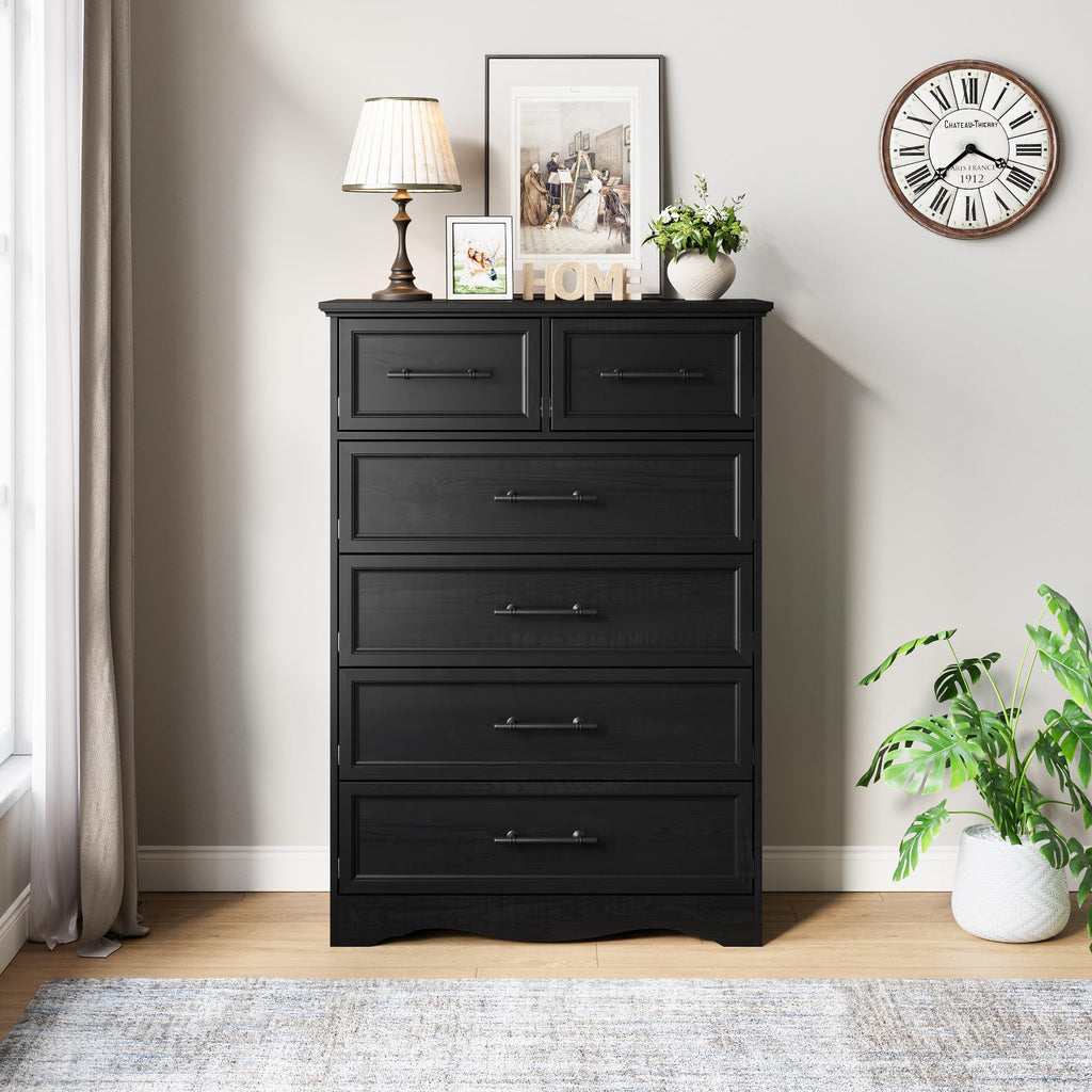 Black 6 Drawer Dresser, 44" Tall Chest of Drawers