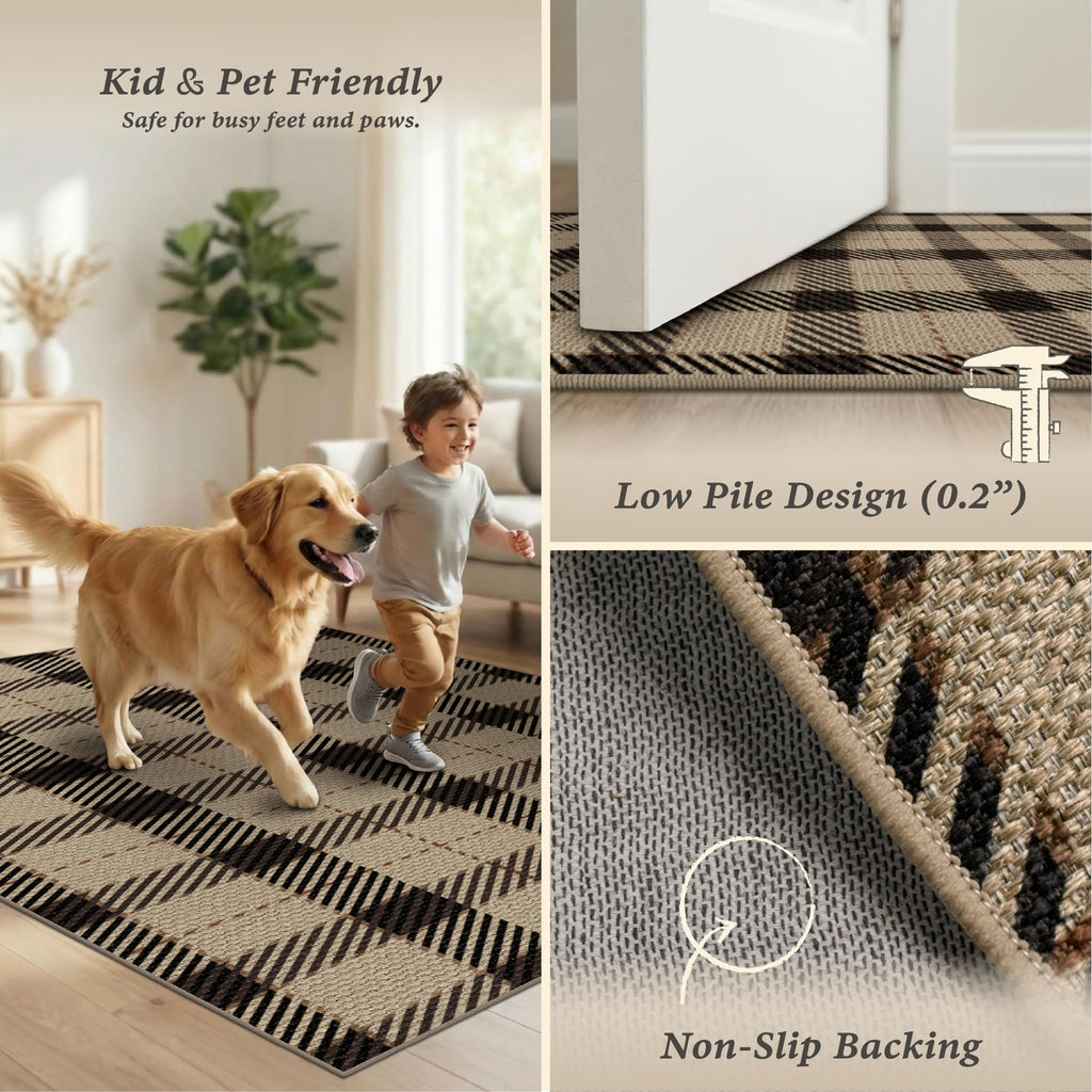 Easy Jute Kitchen Runner Rug 2'6" x 8', Black & Beige Plaid