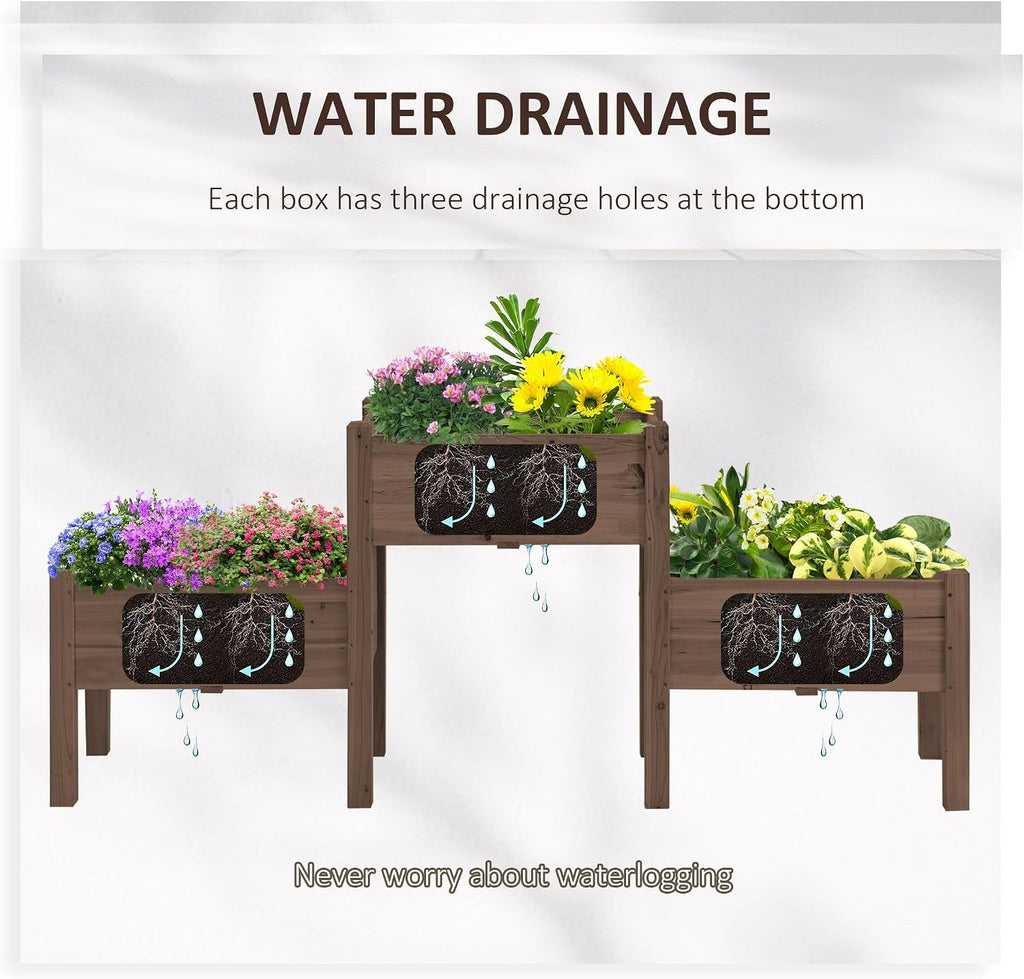 Raised Garden Bed with 3 Planter Box Elevated Plant Stand, Coffee | Wooden, Drainage Holes, for Vegetables Herb and