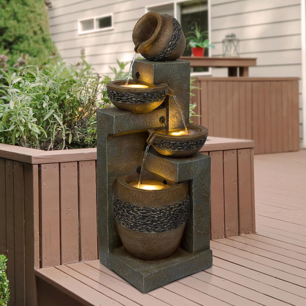 TVH244 39" Outdoor 4-Tier Cascading Pots Water Fountain with LED Lights