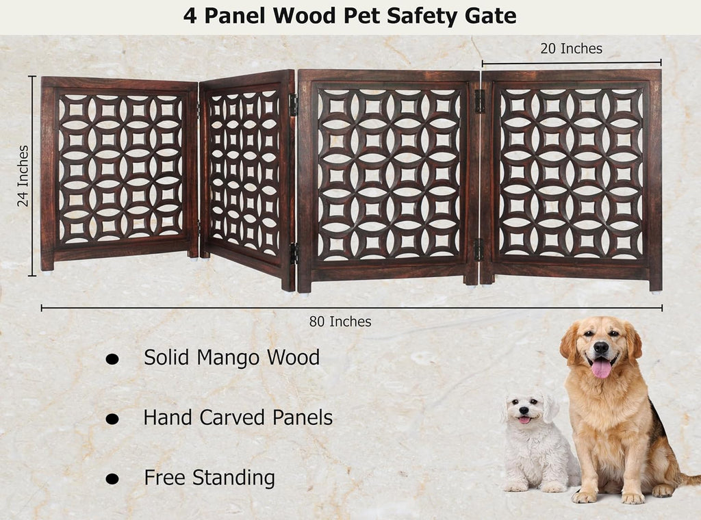 Wooden Foldable Pet Dog Gate - Hand Carved 4-Panel 80 W x 24 H