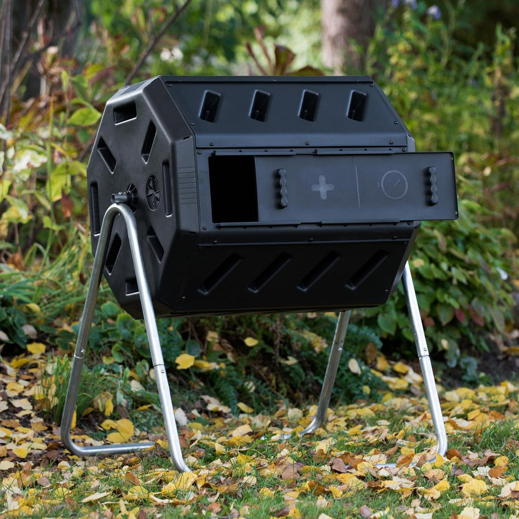 Heavy Duty 37 Gallon 8 Sided Steel Composter, Black | Portable Plastic Dual Chamber Tumbling Composter Outdoor