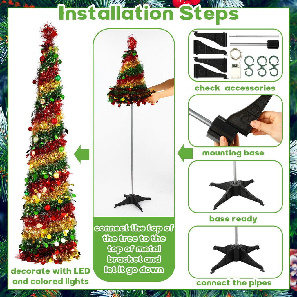 5ft Pop up with Lights and Balls Collapsible Slim Tinsel Xmas Tree Prelit Apartment Winter Party Decoration