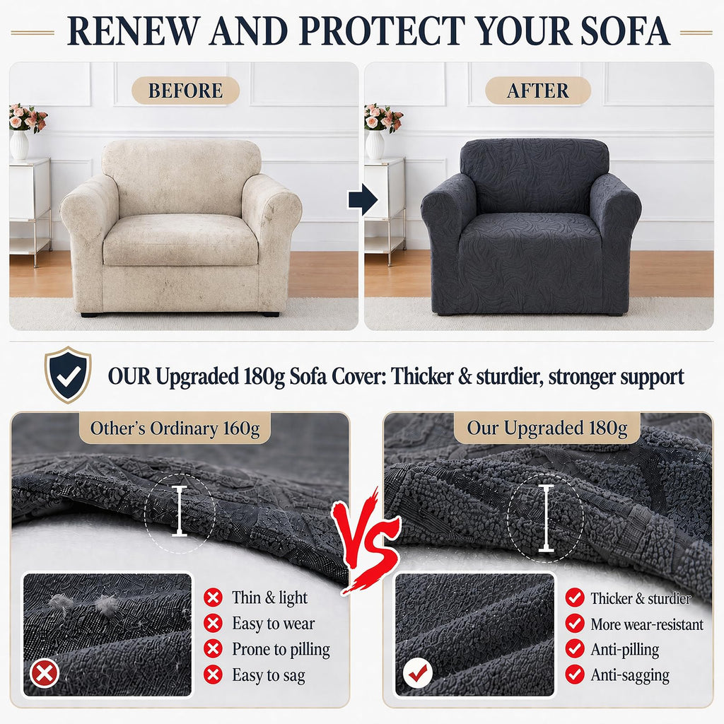 Sofa Slipcover - Stretch 1 Piece Couch Covers for 1 Cushion Sofa Jacquard Washable Sofa Covers with Elastic Bottom