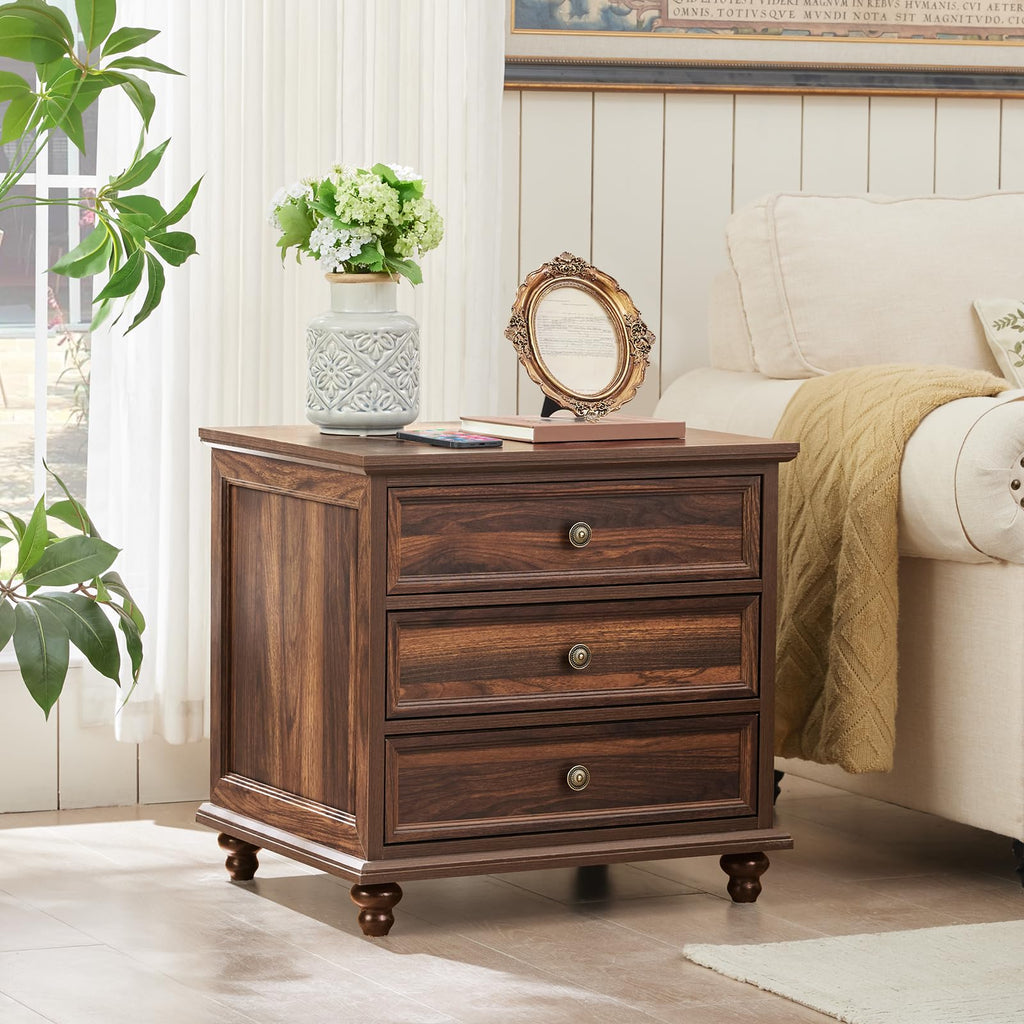 24" Wide Farmhouse Night Stand Set of 2, Large End Table with 3 Drawers & Metal Handle, Brown Wood Dresser Cabinet, Bed