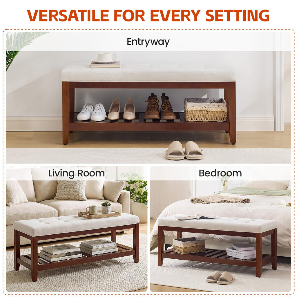44" Entryway Shoe Bench, Upholstered End of Bed Bench with Solid Wood Shelf, Button Tufted Shoe Bench, Beige