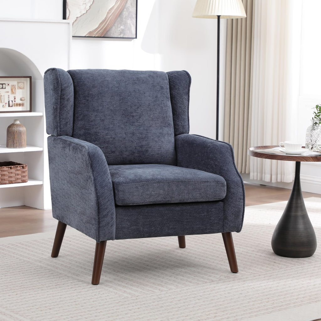 Accent Chair, Mid Century Modern Wingback Chair, Upholstered Fabric Armchair with Lounge Seat and Wood Legs
