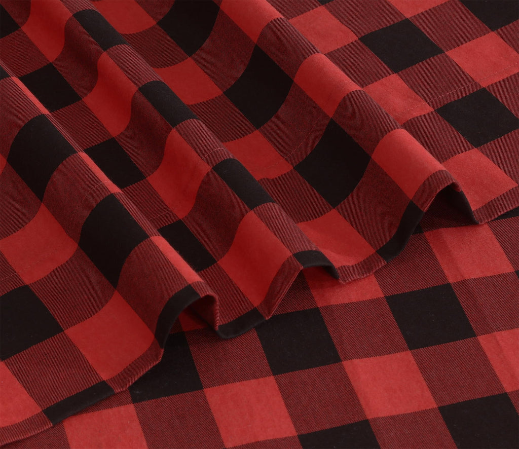 100% Cotton Flannel Sheets, 4 PCs, Red & Black Plaid