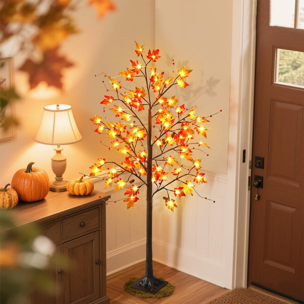 2 Pack LED Lighted Maple Tree, 5 FT Lighted Artificial Tree for Thanksgiving Harvest Fall Festival Halloween Home