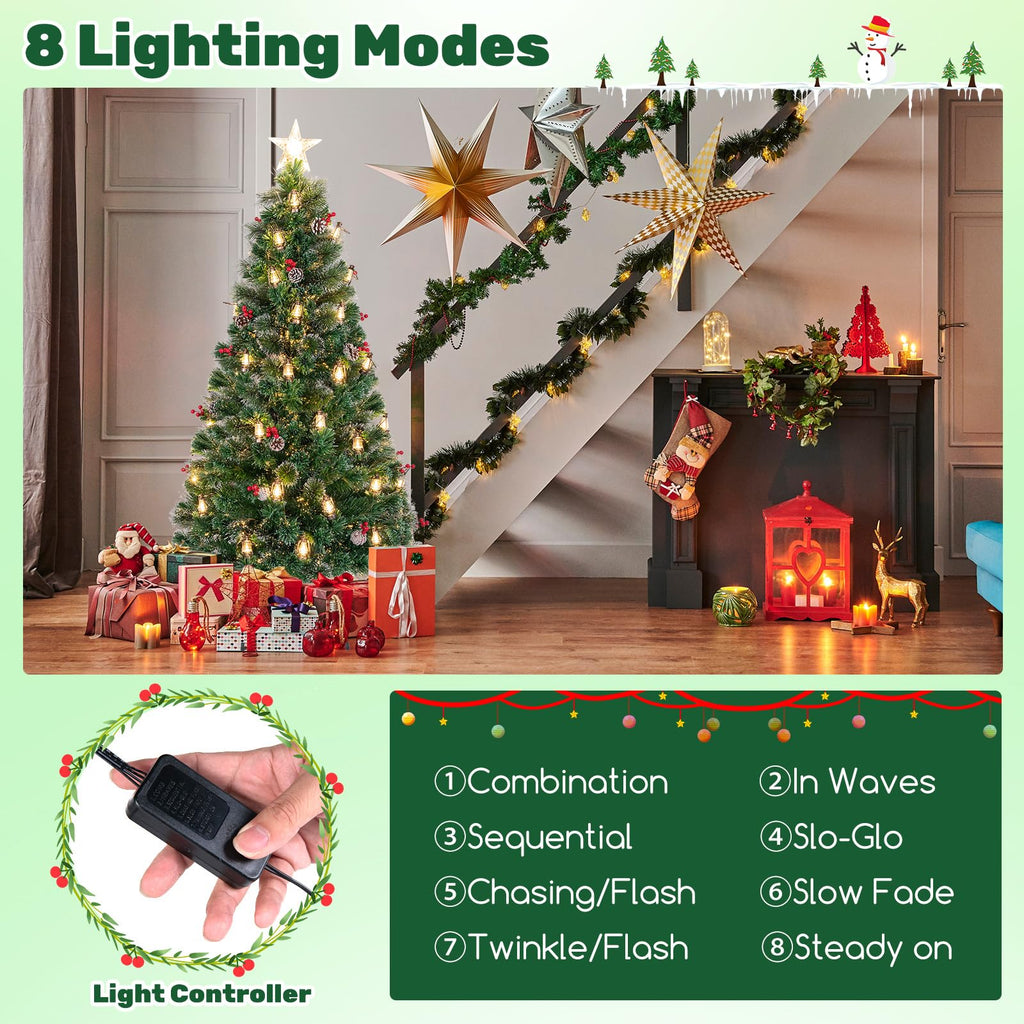 6 FT Pre-lit Fiber Optic Christmas Tree, Artificial Xmas Tree with 220 Branch Tips, 30 Retro Kerosene Lamps, Treetop