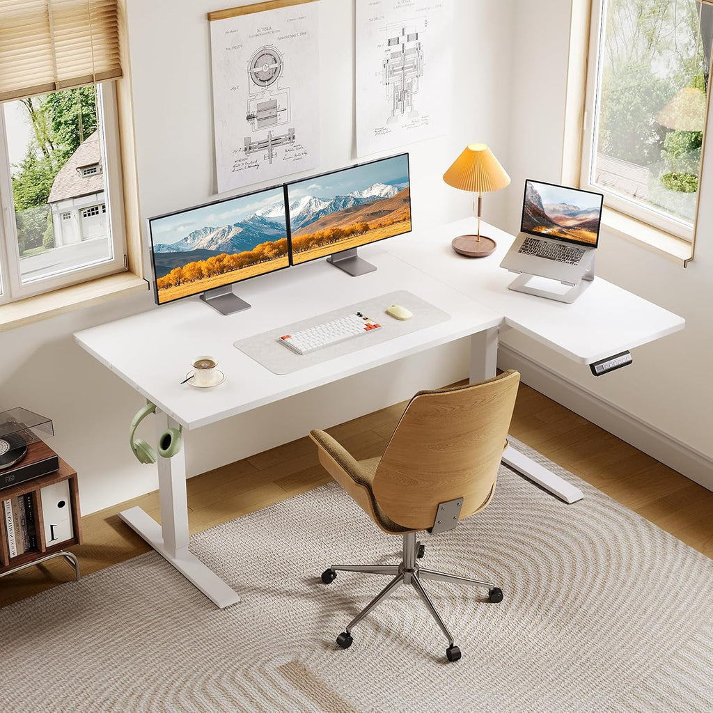 55 Inch Reversible L Shaped Electric Standing Desk, White | Corner Height Adjustable Computer Table, Stand Up Desk