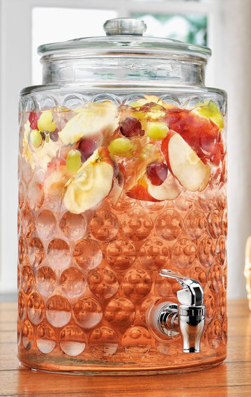 2 Gallon Beverage Serveware with Glass Lid - Elegant Bubble Pattern Design 100% Leakproof Glass Drink Dispenser