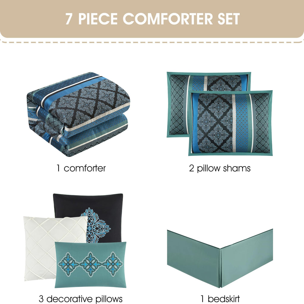 Blue Geometric Bed Comforter Queen Set, 7 Piece, Jacquard Ultra Soft, Premium Microfiber, Matching Shams, Bedskirt