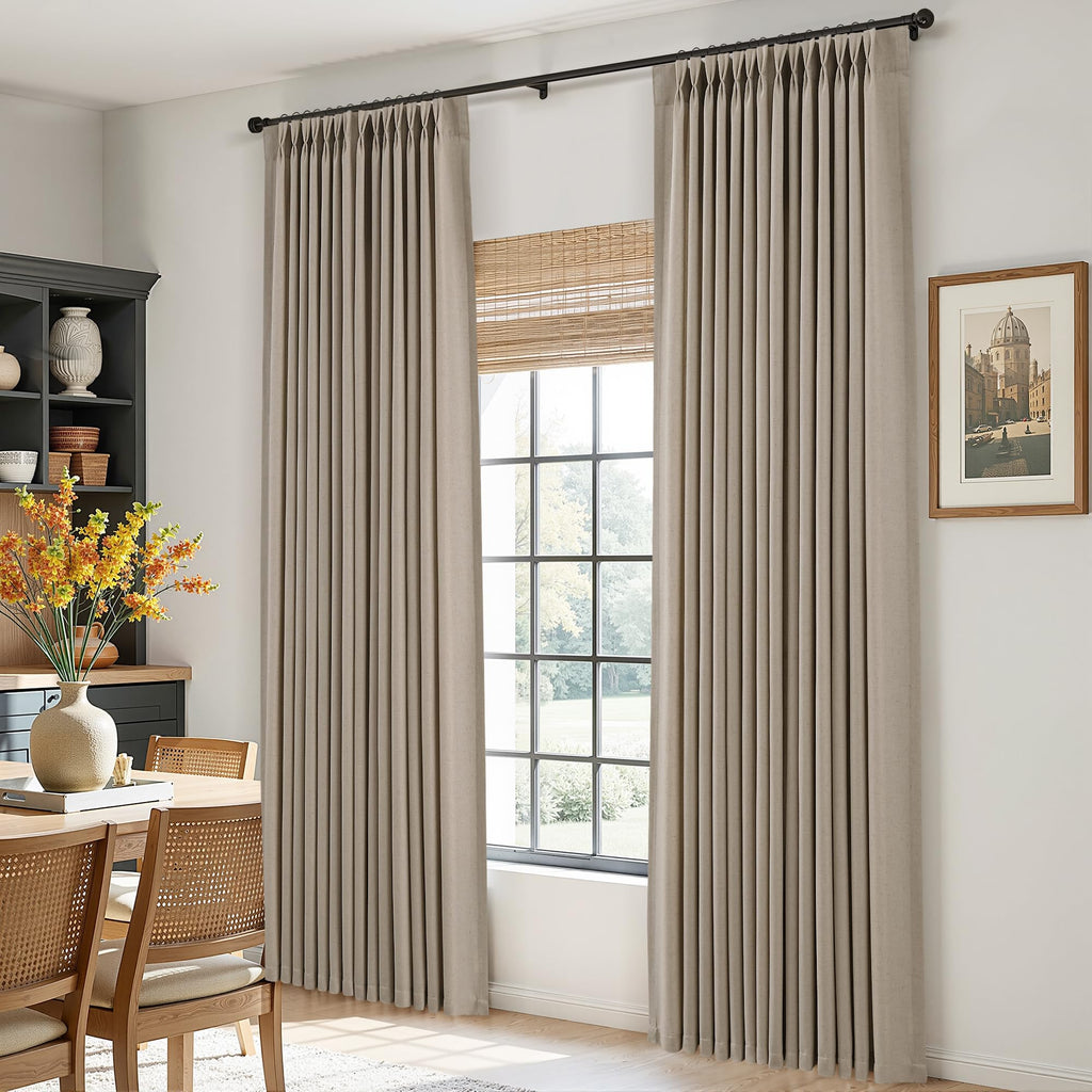 Cobblestone Pleated Linen Curtains 90 Inches Long Dining 2 Panels Pinch Pleat Drapes Hooks Rings Rustic Farmhouse