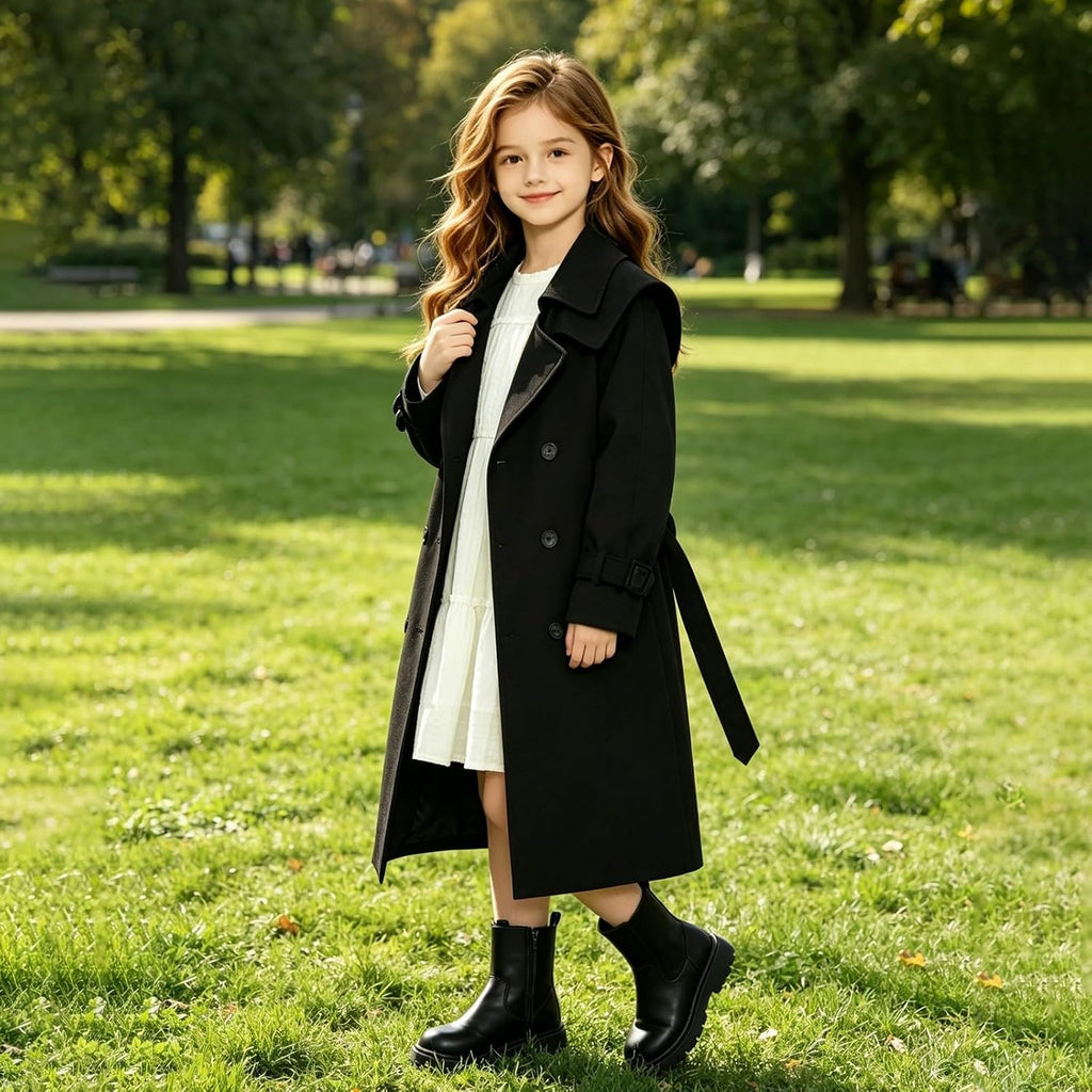 Girls Long Trench Coat Double Breasted Lapel Windproof Overcoat Lightweight Jacket Casual Outerwear Teen Cute Trendy