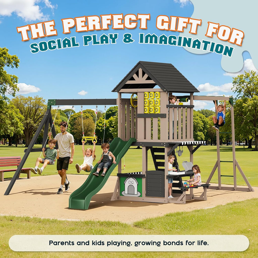 Wooden Swing Set for Kids, Outdoor Playset with Playhouse | 11-in-1 Backyard Playground, Wave Slide, 2 Swings