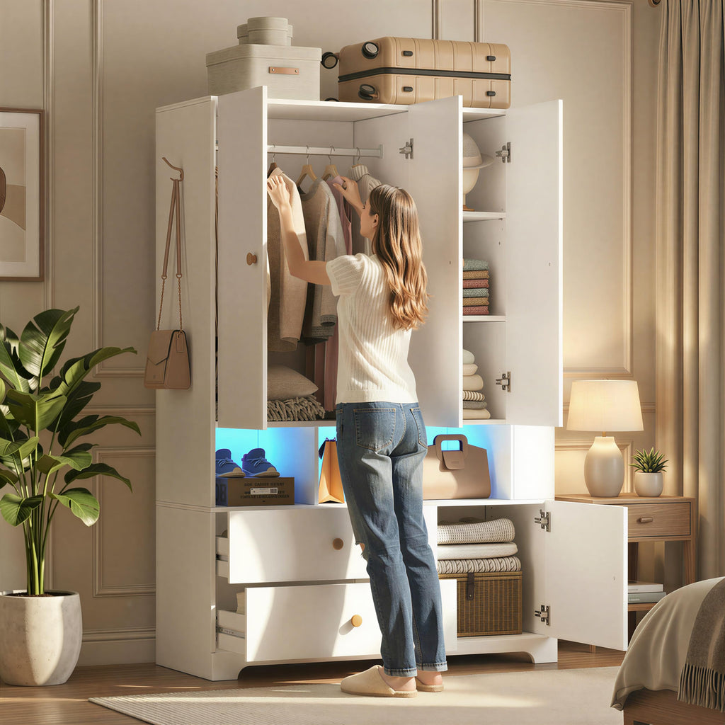 3‐Door Armoire Wardrobe Closet, 71" Bedroom Cabinet with Mirror