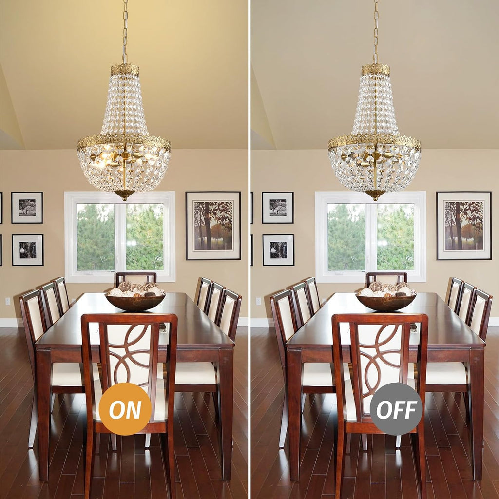 French Empire K9 Crystal Mini Chandelier - 4-Light Brushed Brass Basket, 19.7 Inch H x 12.6 Inch W