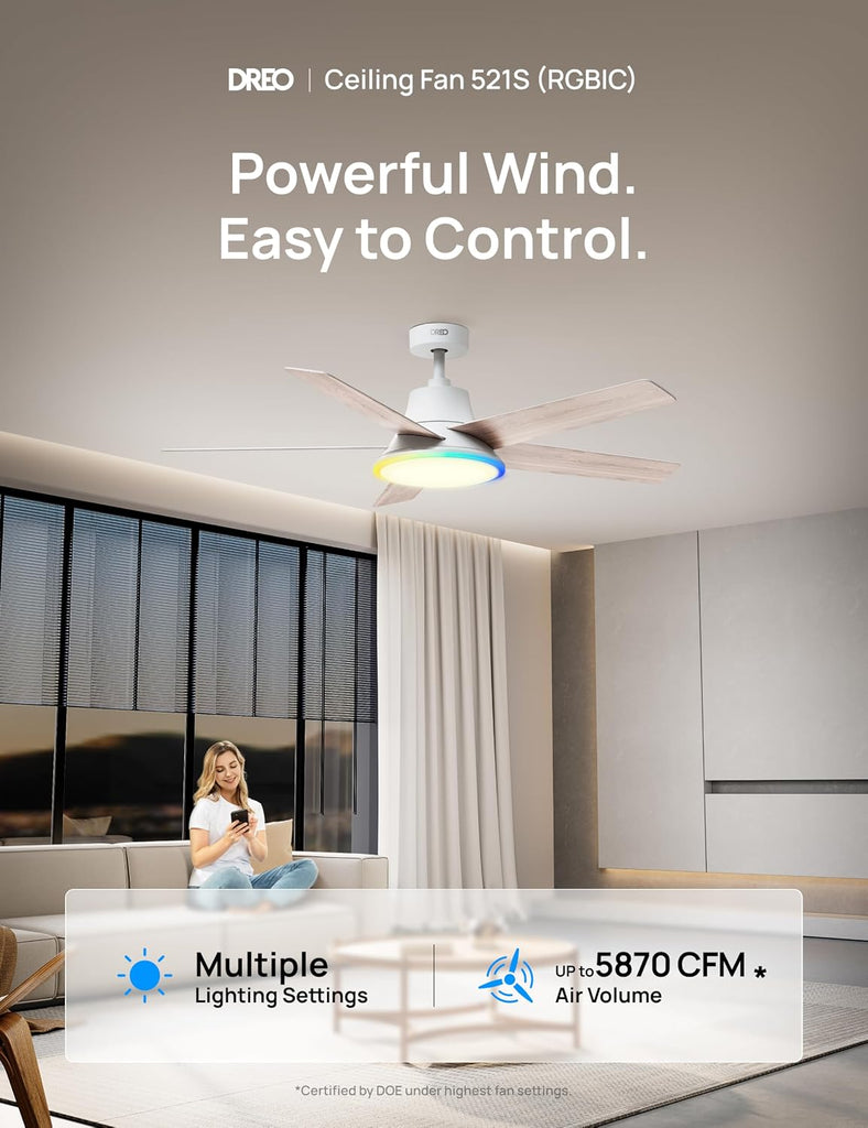 Smart Ceiling Fan with Lights, 52 Inch, 12 Speeds & 3 Fan Modes, RGBIC Light , Dimmable, 22dB Quiet DC Motor