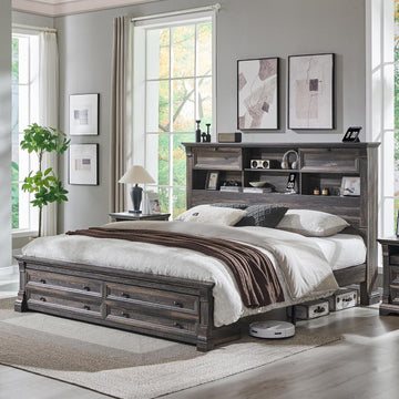 Farmhouse King Bed Frame with 54" Tall Headboard, Headboard with 4 Storage Rack, 2 Drawers, 18" Roman Column