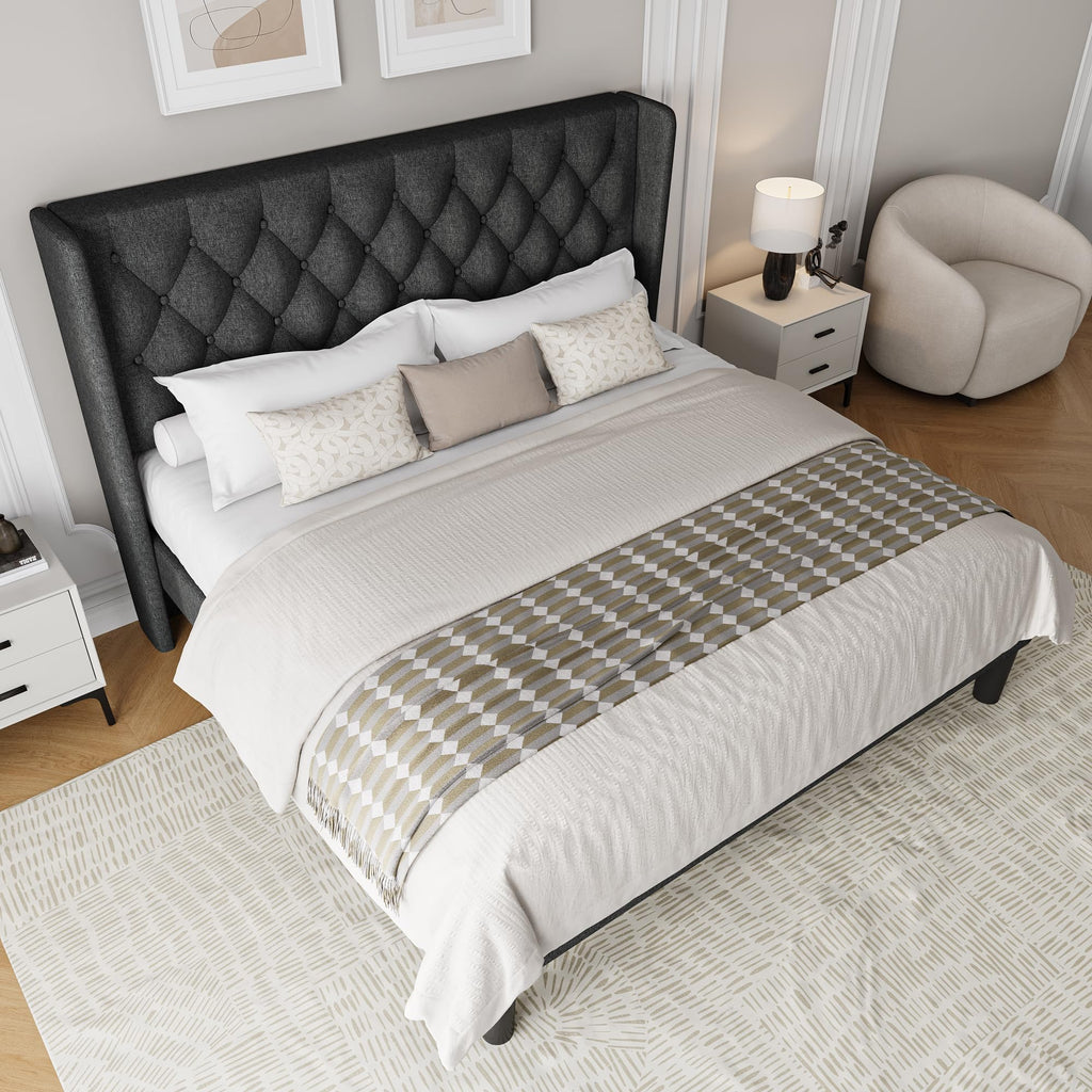 King Size Platform Bed Frame with Upholstered Wingback Headboard, 12" Under Bed Space, Wooden & Metal Slats Support