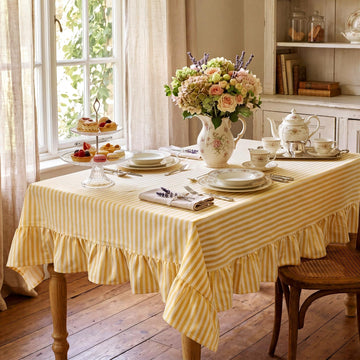 Yellow Striped Ruffled Rectangular Tablecloth 52 x 70 Inches