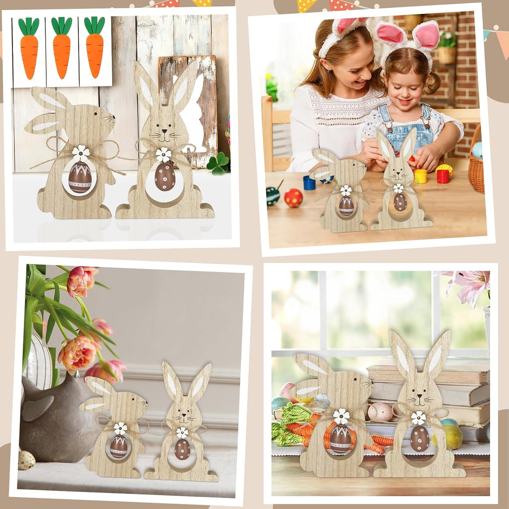 Easter Decorations Wooden Bunny Tiered Tray Decor Happy Easter Table Centerpieces Farmhouse Rabbit with Egg - Set of 2