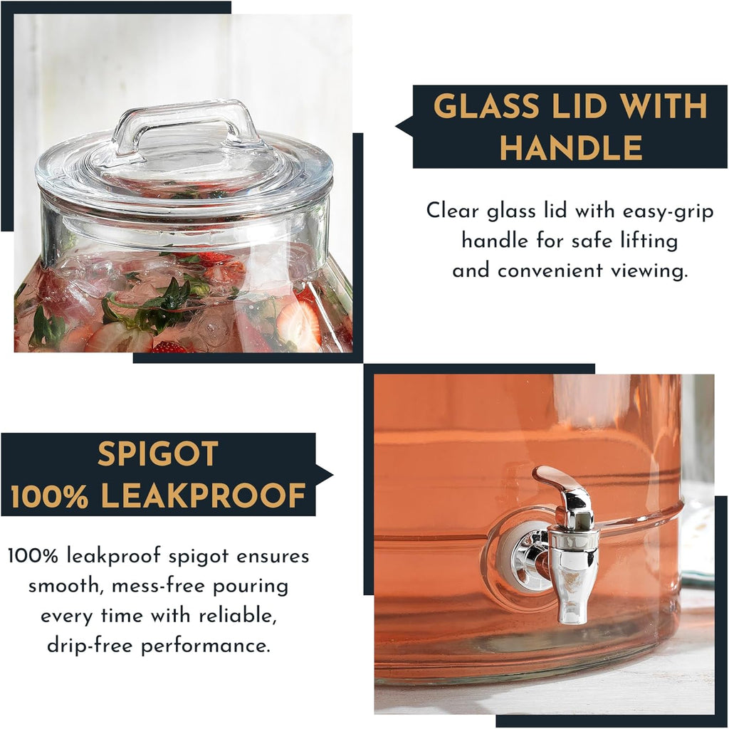 3 Gallon For Parties,Classic Mason Jug Beverage Dispensers With Glass Lid With Handle And 100% Leakproof Spigot.Glass