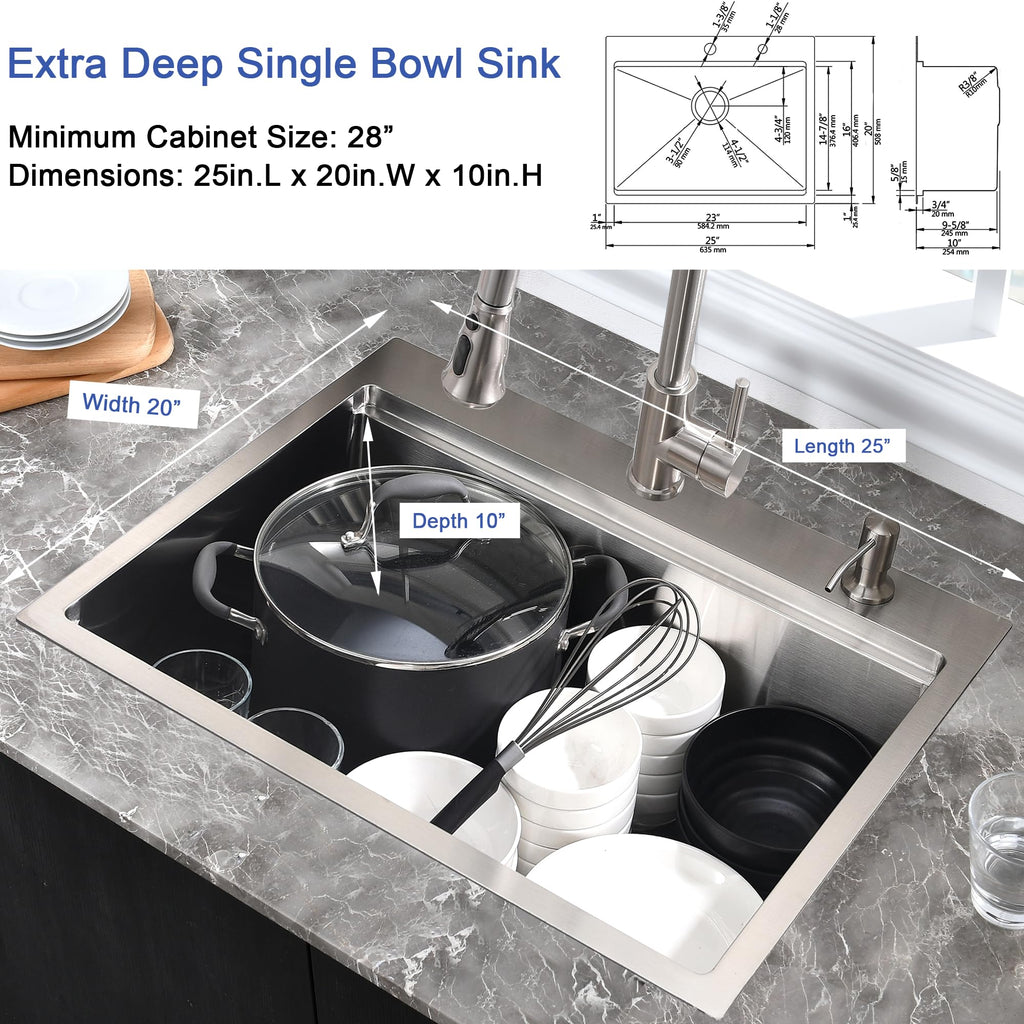 25x20 Stainless Steel Kitchen Sink Drop In Top Mount Workstation