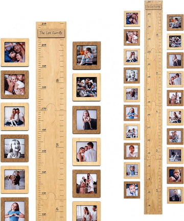 Wooden Growth Chart Ruler with 20 Picture Frames 4x4 - Kids Height Measurement Wall Decor Room - Dual Inch & cm