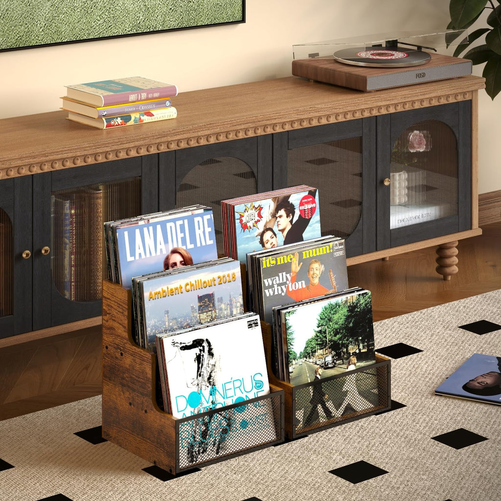 3-Tier Vinyl Record Storage Crate, Holds 60+ LP Albums, Retro Wood & Metal