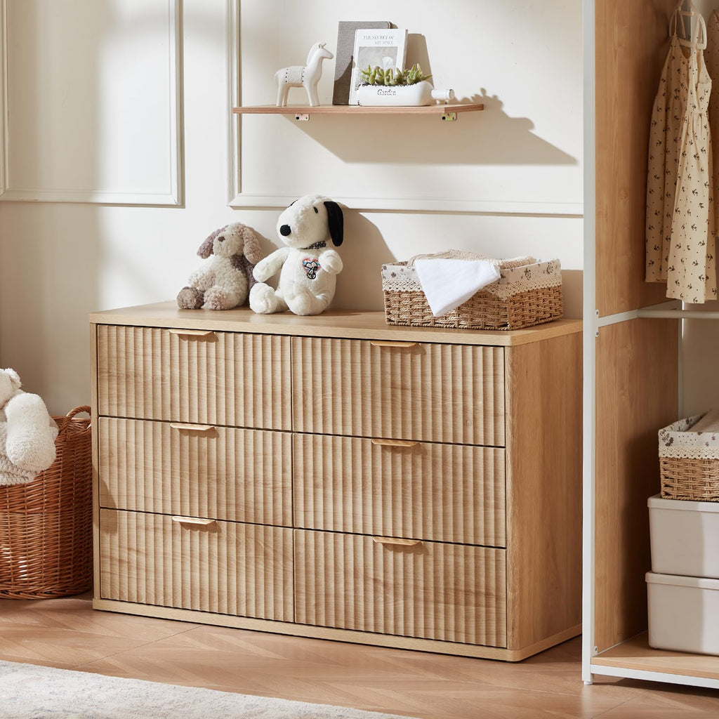 Fluted 6 Drawers Dresser Set of 2, 48" Wide Modern Chest of Drawers with Metal Handle, Natural Curved Profile