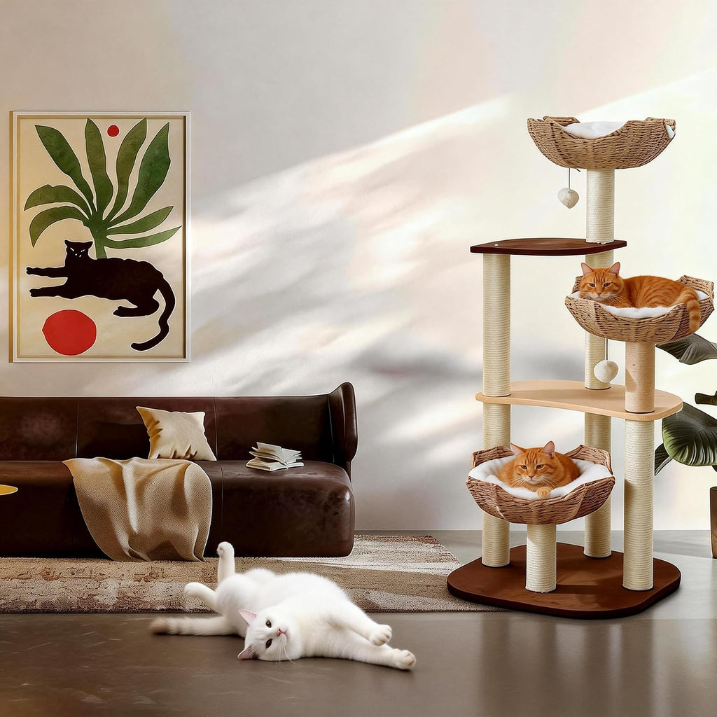 Cat Tree Tower, Modern Cat Tree with Hand-Woven Basket Nest, Sisal Posts, Extra Large 54 Inch Heavy-Duty Multi-Level