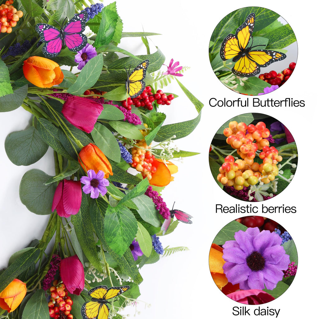 Spring Summer Wreath for Front Door 22 Inch Artificial Tulips Wreath with Eucalyptus Leaves Lavender Ferns Colorful