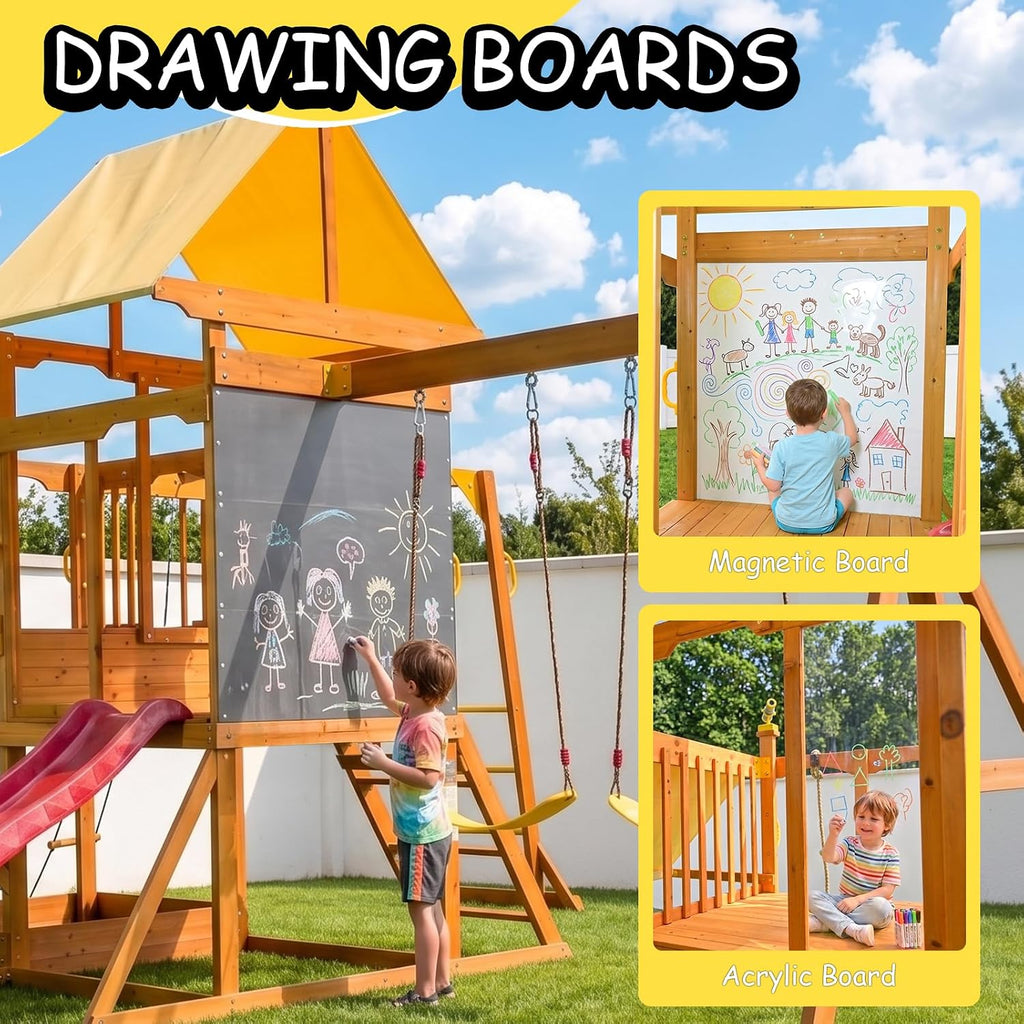 Wooden Swing Sets for Backyard, Outdoor Playground Playset for Kids Ages 3-10
