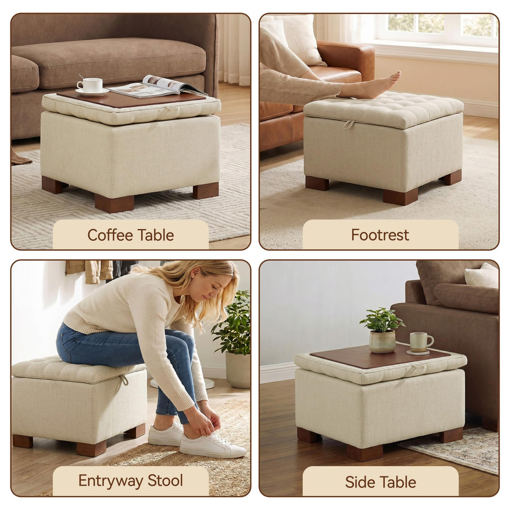 Square Storage Ottoman Coffee Table with Flip Tray, 24" Linen Khaki