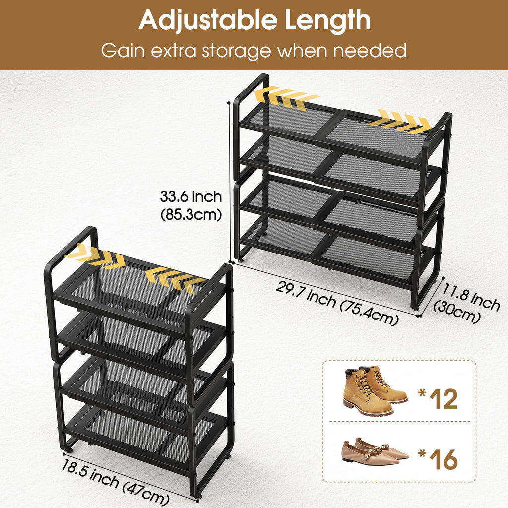 Expandable Shoe Rack for Closet, Adjustable Metal Shoe Organizer with Sturdy Mesh Shelves for Boots & Heels