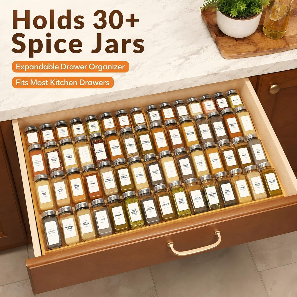 Bamboo Spice Drawer Organizer Expandable(Fits 2.6" Deep or Deeper Drawers), 4-Tier Spice Rack Drawer Insert