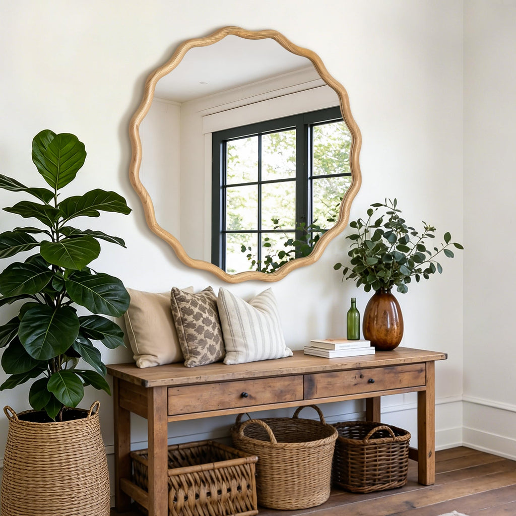 Round Wavy Wall Mirror, 36" Circle Boho Scalloped Mirror
