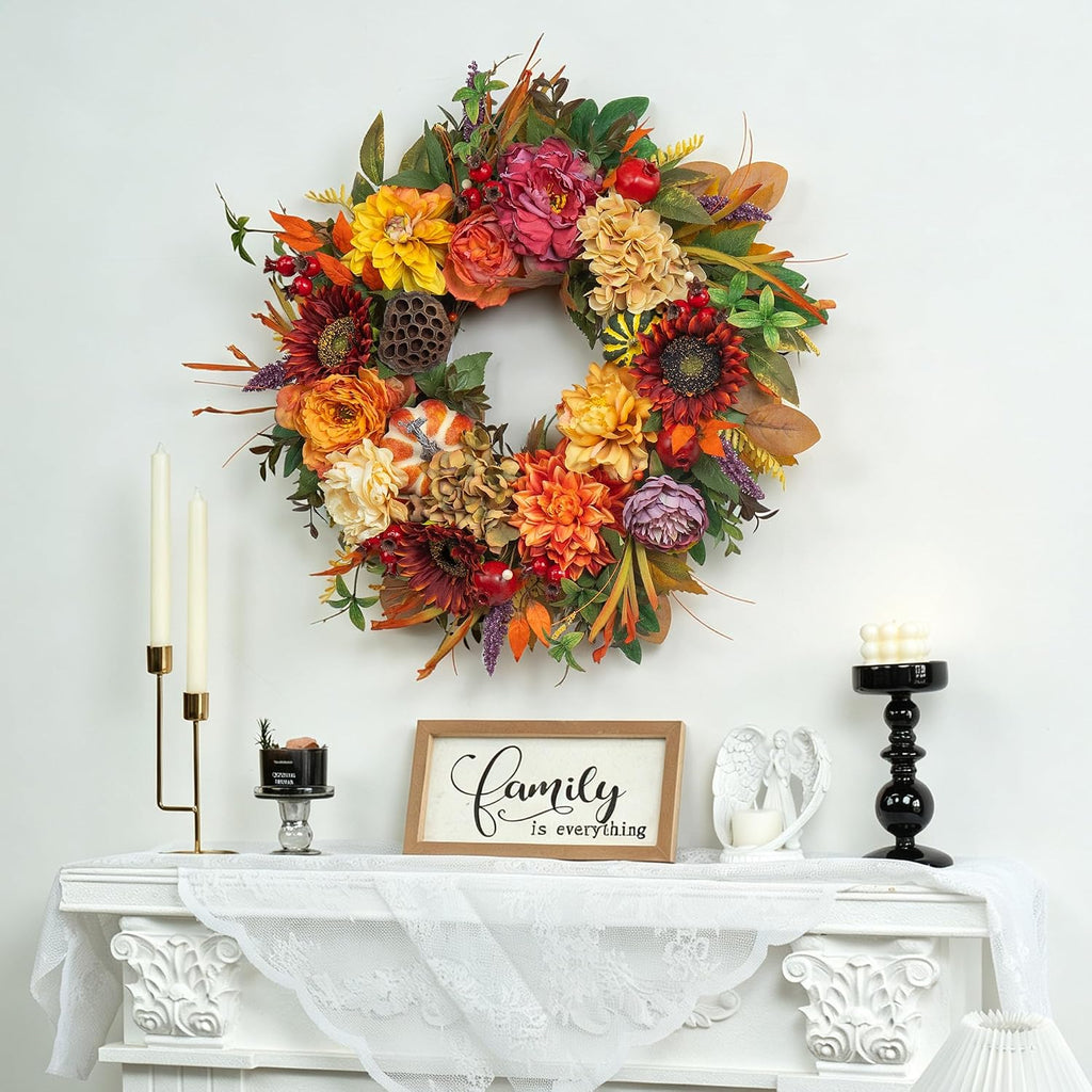 24 Inch Artificial Harvest Fall Wreaths for Front Door,Porch & Entryway
