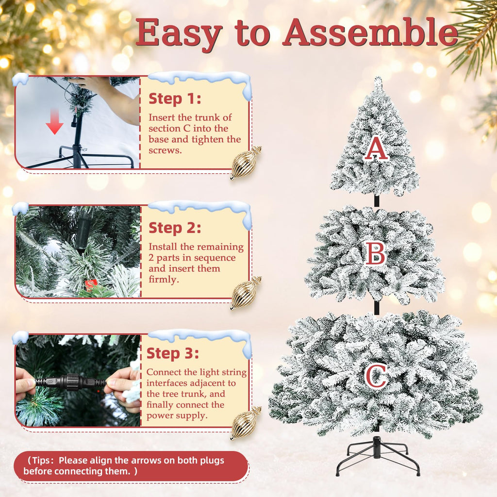 7.5FT Pre-lit Snow Flocked Christmas Tree with Remote Control, Convenient Foot Switch, 9 Modes 450 Multicolor LED