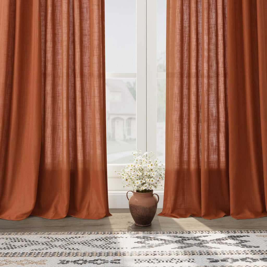 2 Panels Terracotta Linen Curtains 108 inches Long Extra Long Back Tab Semi Sheer Rustic Farmhouse Boho Curtains