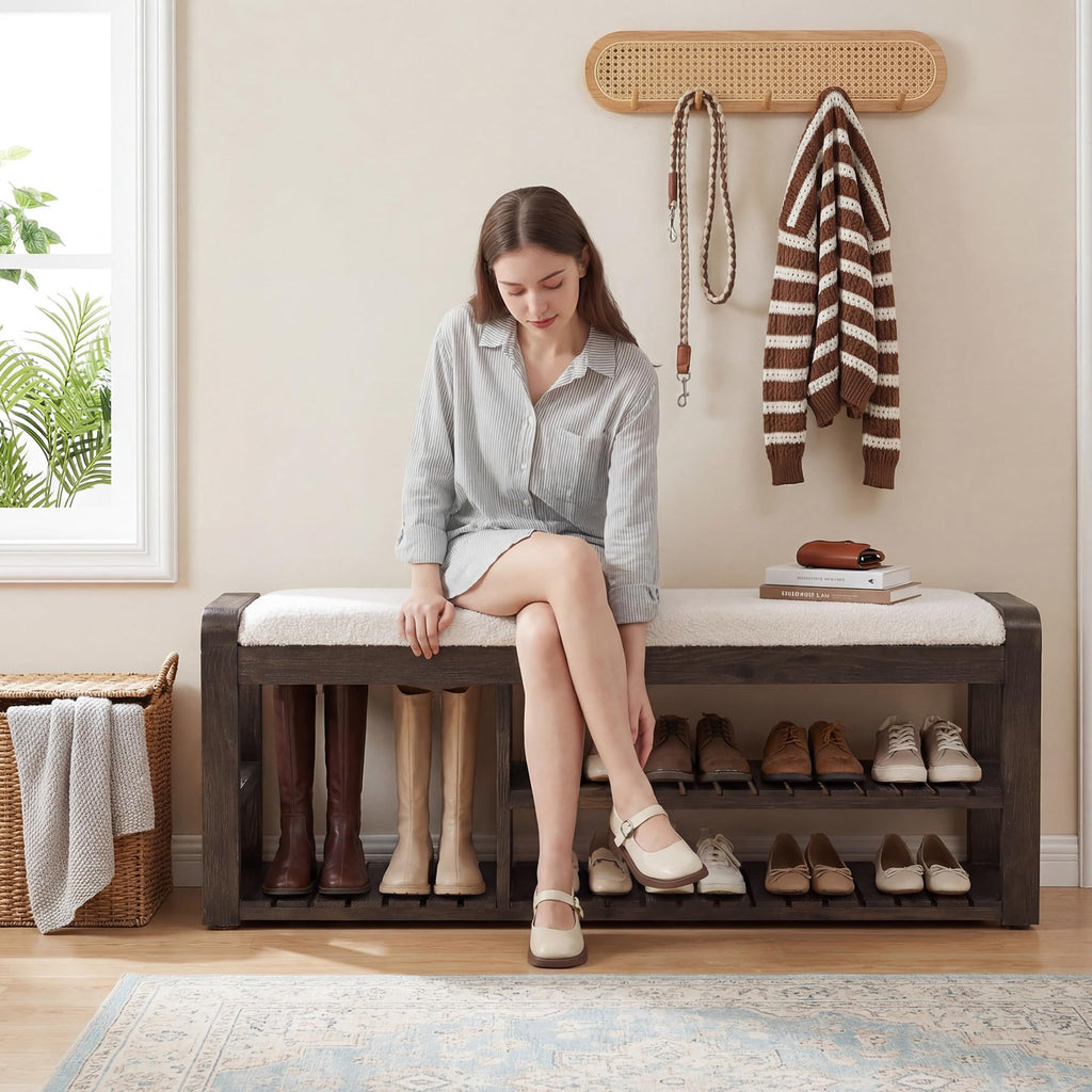 55" Shoe Storage Bench with Removable Cushion, 2-Tier Farmhouse Solid Wood Entryway Shoe Rack, End of Bed Storage