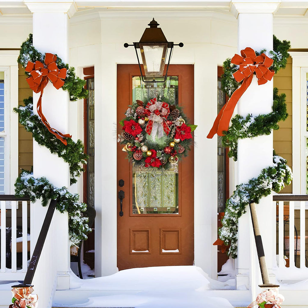 30 Inch Christmas Wreath, Pre-lit Christmas Wreaths for Front Door with 40 LED Lights Pine Cones Red Gold Balls