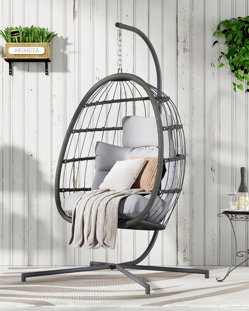 Egg Swing Chair with Stand, Outdoor Hanging Egg Chair with Cushion /Porch/Balcony/Indoor (Light Gray)