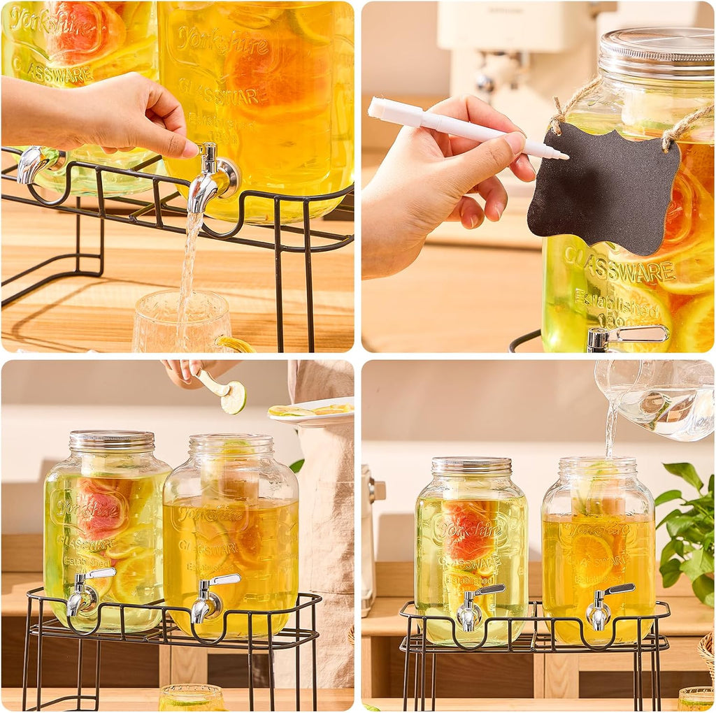Gallon for Parties, 2 Pack Beverage Dispenser with Stand, Fruit Infuser & Leakproof Stainless Steel Spigot, Juice - Set of 2