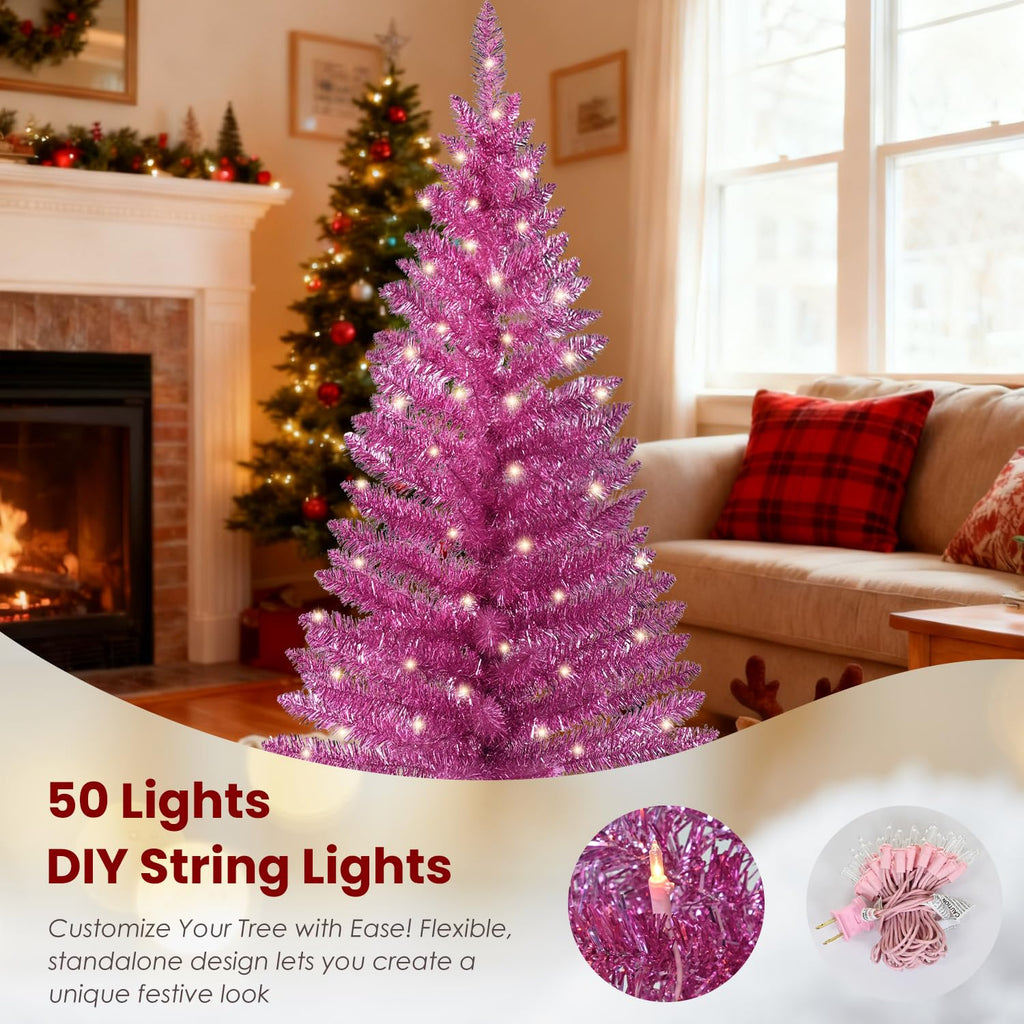4ft Pre-Lit Pink Christmas Tree, 122 Tips, 50 String Lights