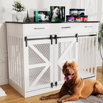 Dog Crate Furniture with Sliding Barn Door & 3 Storage Drawers